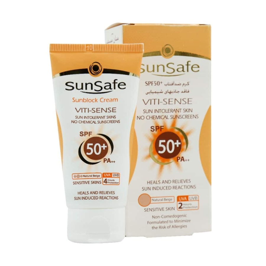 کرم ضد آفتاب SPF50 فاقد جاذب های شیمیایی بژ طبیعی